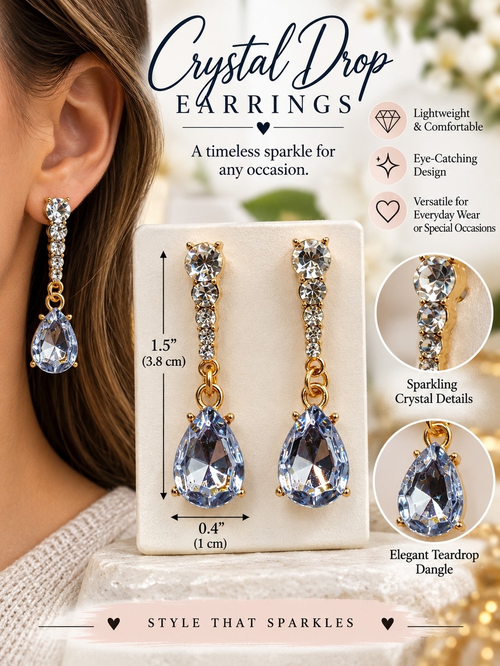 A88. Melody Crystal Drop Earrings Gold & Clear NWT